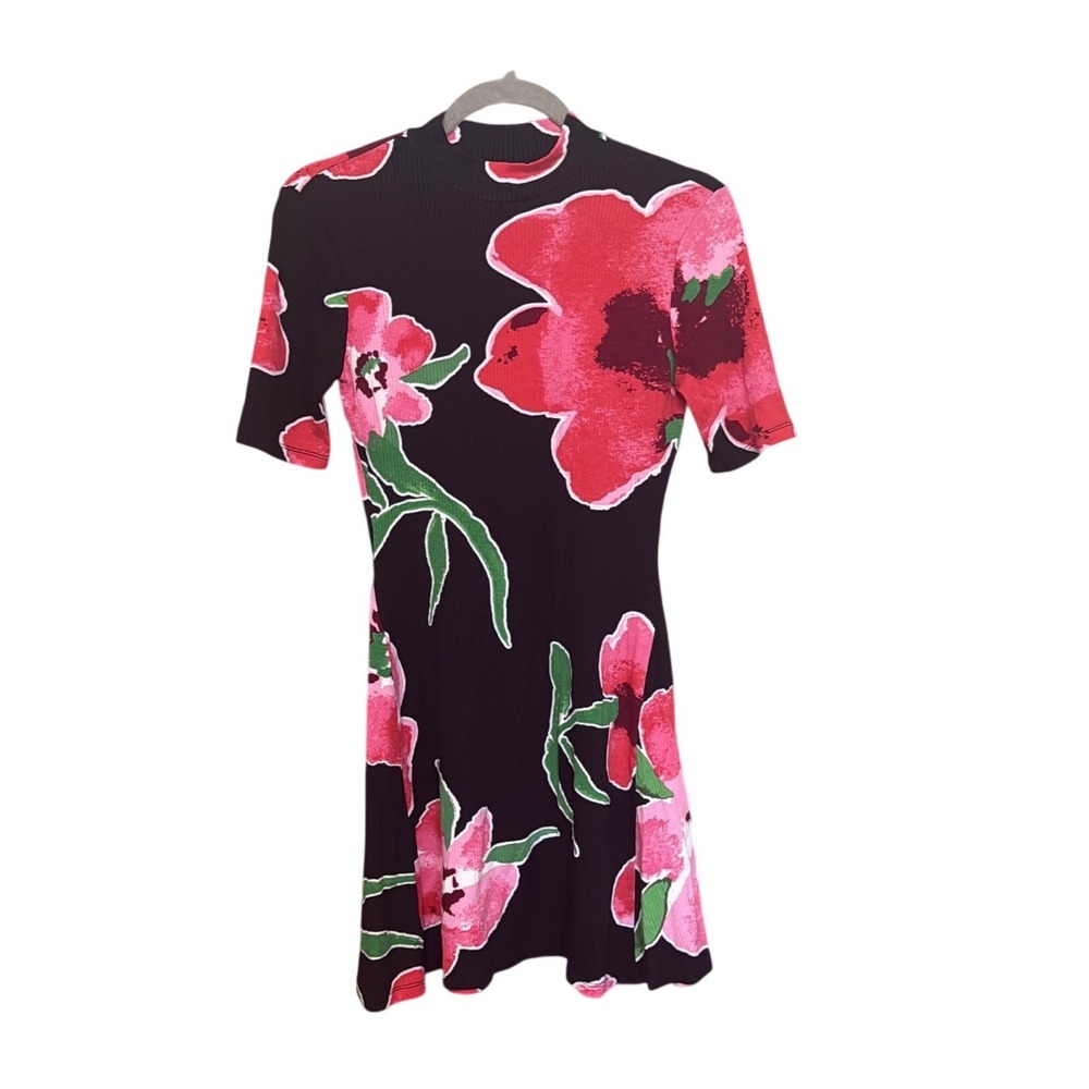 Desigual Mini Dress Floral Ribbed Mock Neck Size M Black Pink Excellent - Picture 2 of 6